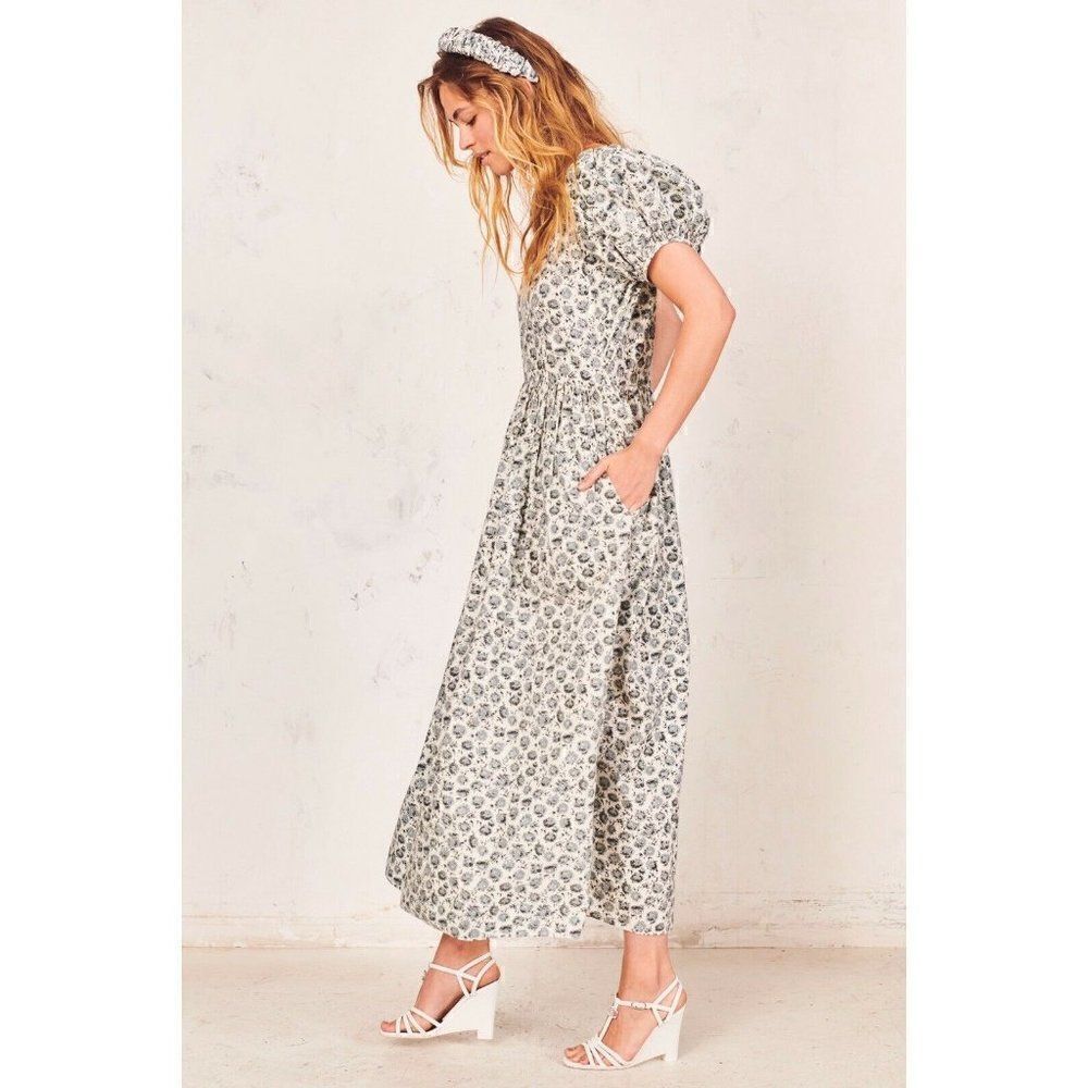 NEW LOVESHACKFANCY LAIS FLORAL PUFF SLEEVE VINTAGE POPLIN DRESS WARM GREY - Picture 2 of 8